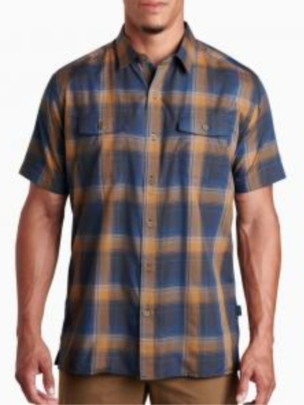 Kuhl Response Short-Sleeve Plaid Button-Down Shirt Blue and Brown Mens Size 3XL